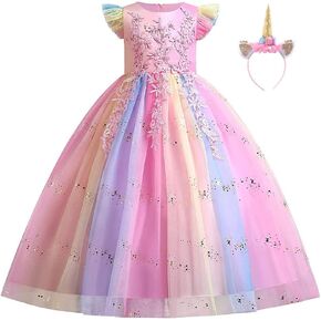 HIHCBF Girls Unicorn Rainbow Princess Birthday Dress Halloween Carnival Costume Christmas Party Long Maxi Gown w/Headband