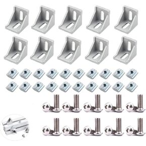 10 Set 2020 Series Aluminum Profile Connector Corner Bracket with T-Slot Sliding Mount M5 Screw Bolts Nuts Wrench for 20S Project Extrusion Rail Slider Connection 3D Printer CNC