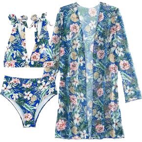 Women Bikini Set 3 Pieces Swimwear Floral Cover Up V Neck Top High Waist Bottom Outfit Swimsuits Bathing Suits