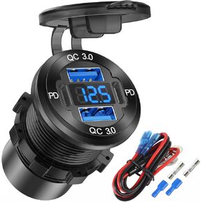 2 Pack 4 Port 12V USB Outlet Aluminum Charger, 78W Dual PD & QC Multiple USB Port for Car, USB C Cigarette Lighter Replacement 12 Volt Socket with Voltmeter Waterproof for Marine Boat Motorcycle RV