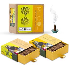 Pack of 2 Natural Incense Cones,Phool Meditation Pack(80 Organic Cones |2 Fragrances:Nagchampa & Patchouli)+1 Free Ceramic Holder |Handrolled |Sulpher & Charcoal Free |100% Organic & Natural 500 GMS