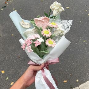 Handmade-Spinus 3 Crochet Bouquet, Mom White Rose Flowers Bouquet, Handmade Artificial Gift for Girl Friend, Home Decor, Knitted Forever Flower (Pink Dream Crochet Knit Bouquet)