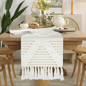 yuboo Wide Table Runner Boho - Cotton Woven Coffee Table Runner 14wide×48 inches Long , Dresser Runner Cover Top for Coffee Table, End Table, Nightstand, Farmhouse Home Decor, Brown and Beige