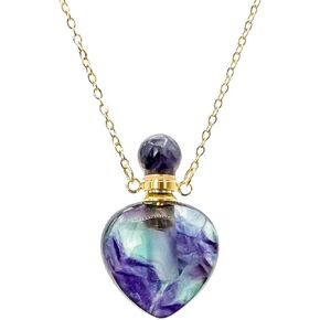 Heart Shaped Perfume Bottle Necklace, Gold Plated Rainbow Fluorite Amethyst Healing Crystal Pendant, Essential Oil Diffuser Vial Necklace for Women