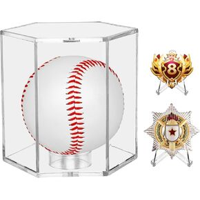 Baseball Display Case UV Protected Acrylic Clear Hexagon Baseball Holder for Tennis Balls, Coins,Memorabilia,with 1 Ball and 2-Coin Racks for Official Size Ball(4Pack)