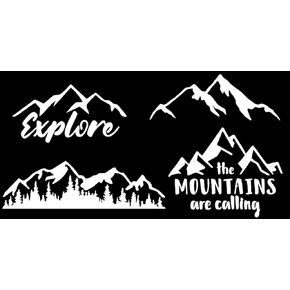 Mountain Decal 4 Pack: Explore, Mountains are Calling, Simple and Detailed Mountain Silhouette (Mountain White, Small ~3.5)