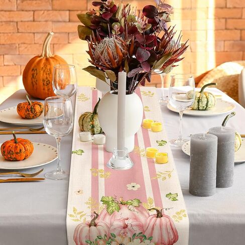 AnyDesign Pink Pumpkin Table Runner Gold Foil Fall Table Cover Autumn Dining Table Decoration for Thanksgiving Harvest Farmhouse Indoor Outdoor Home Party Supplies, 13 x 72 Inch in Saudi Arabia