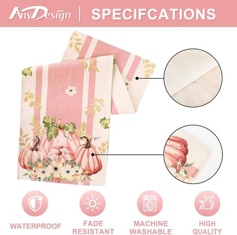 AnyDesign Pink Pumpkin Table Runner Gold Foil Fall Table Cover Autumn Dining Table Decoration for Thanksgiving Harvest Farmhouse Indoor Outdoor Home Party Supplies, 13 x 72 Inch in Saudi Arabia