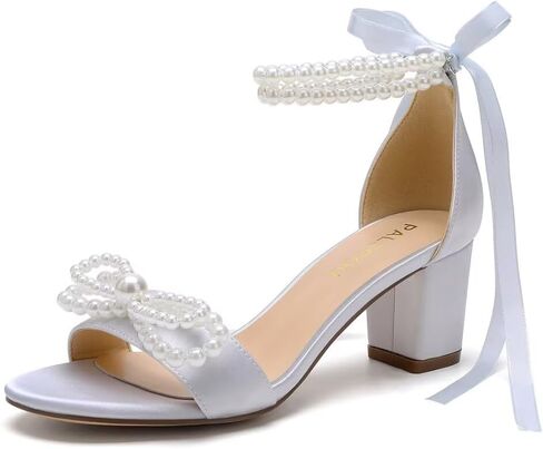 Pearl Heels Wedding Shoes for Bride Block Heel Wedding Sandals Open Toe Bridal Shoes Wedding Heels with Bow in Kuwait