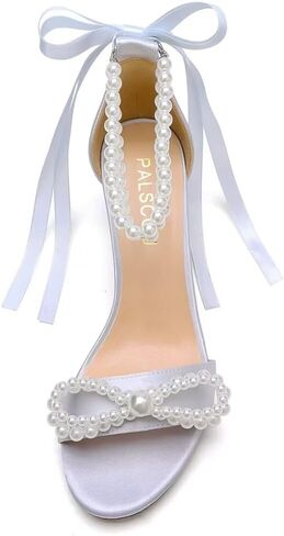 Pearl Heels Wedding Shoes for Bride Block Heel Wedding Sandals Open Toe Bridal Shoes Wedding Heels with Bow in Kuwait