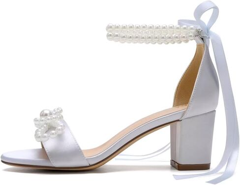 Pearl Heels Wedding Shoes for Bride Block Heel Wedding Sandals Open Toe Bridal Shoes Wedding Heels with Bow in Kuwait