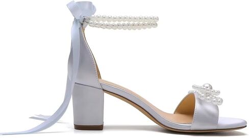 Pearl Heels Wedding Shoes for Bride Block Heel Wedding Sandals Open Toe Bridal Shoes Wedding Heels with Bow in Kuwait