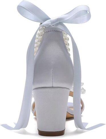 Pearl Heels Wedding Shoes for Bride Block Heel Wedding Sandals Open Toe Bridal Shoes Wedding Heels with Bow in Kuwait