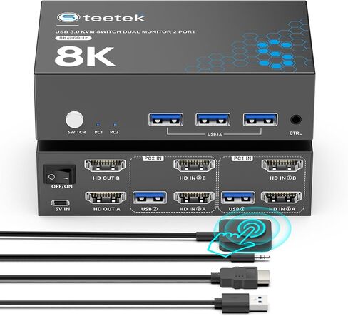 HDMI KVM Switch 1 Monitor 2 Computers, 8K@60Hz KVM Switches for 2 Computers Sharing Monitor Keyboard Mouse Hard Drives Printer,with EDID Adaptive,2*USB Cable and Controller. in Saudi Arabia