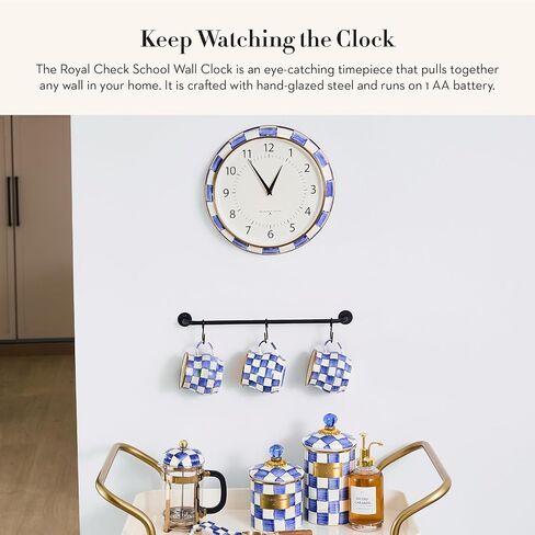 MACKENZIE-CHILDS Wall Clock, Decorative Enamel Clock for Kitchen and Living Room, Black-and-White Courtly Check in Saudi Arabia