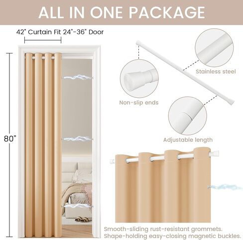 Vatge Curtains for Closet with No Door, Door Curtains for Doorways 80 Inch Length Closet Door Curtains for Closet Door/Hallway Door/Pantry Door/Temporary Door, W42 x L80, Beige, 1 Panel with Rod in Saudi Arabia