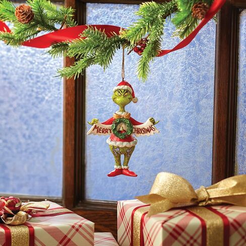 Enesco Dr. Seuss Grinch by Jim Shore Santa Grinch Holding Merry Christmas Banner Hanging Ornament, Hand Crafted, Hand Painted Collectible Christmas Tree Ornaments Decor Gift, 5.25 Inch, Multicolor in Saudi Arabia