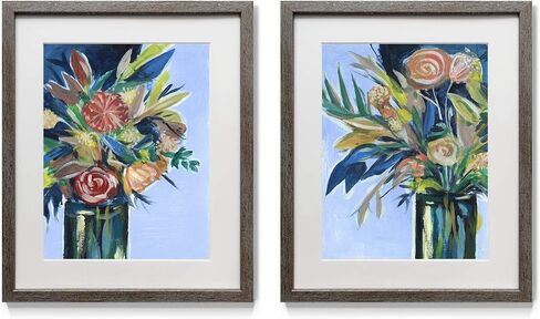 Floral Wall Art, Rustic Silver Distressed Frame 2-Piece Wall Décor Set: Plumeria, Marigold, Wild Flowers, Dogwood, Dandelion, Coral, Home & Office, Ready to Hang 16x20 - Flowers Vase in Kuwait