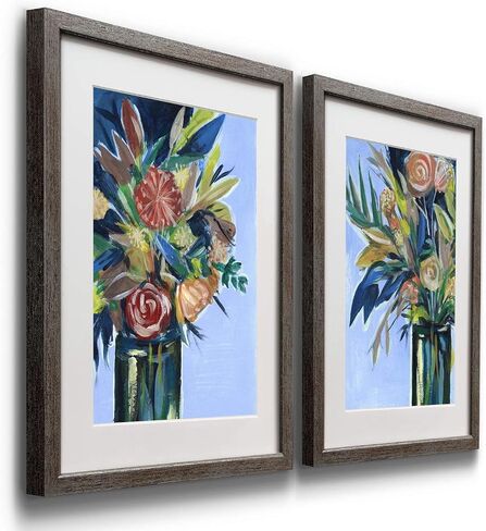 Floral Wall Art, Rustic Silver Distressed Frame 2-Piece Wall Décor Set: Plumeria, Marigold, Wild Flowers, Dogwood, Dandelion, Coral, Home & Office, Ready to Hang 16x20 - Flowers Vase in Kuwait