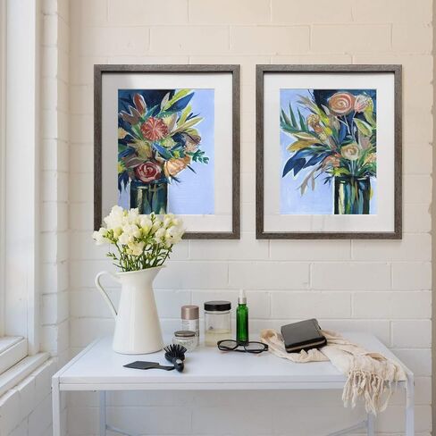 Floral Wall Art, Rustic Silver Distressed Frame 2-Piece Wall Décor Set: Plumeria, Marigold, Wild Flowers, Dogwood, Dandelion, Coral, Home & Office, Ready to Hang 16x20 - Flowers Vase in Kuwait