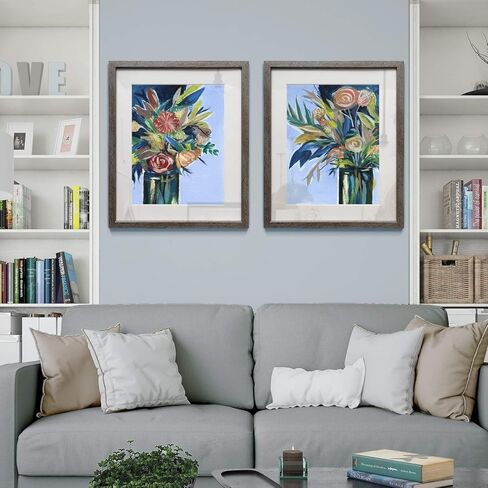 Floral Wall Art, Rustic Silver Distressed Frame 2-Piece Wall Décor Set: Plumeria, Marigold, Wild Flowers, Dogwood, Dandelion, Coral, Home & Office, Ready to Hang 16x20 - Flowers Vase in Kuwait