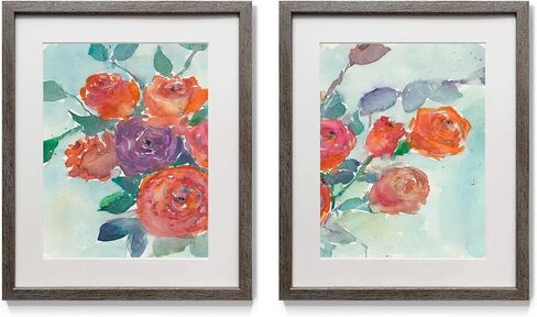 Floral Wall Art, Rustic Silver Distressed Frame 2-Piece Wall Décor Set: Plumeria, Marigold, Wild Flowers, Dogwood, Dandelion, Coral, Home & Office, Ready to Hang 16x20 - Flowers Vase in Kuwait