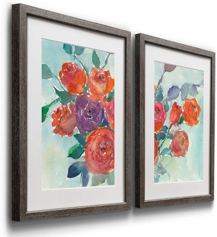 Floral Wall Art, Rustic Silver Distressed Frame 2-Piece Wall Décor Set: Plumeria, Marigold, Wild Flowers, Dogwood, Dandelion, Coral, Home & Office, Ready to Hang 16x20 - Flowers Vase in Kuwait