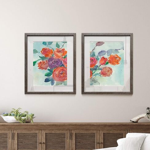Floral Wall Art, Rustic Silver Distressed Frame 2-Piece Wall Décor Set: Plumeria, Marigold, Wild Flowers, Dogwood, Dandelion, Coral, Home & Office, Ready to Hang 16x20 - Flowers Vase in Kuwait