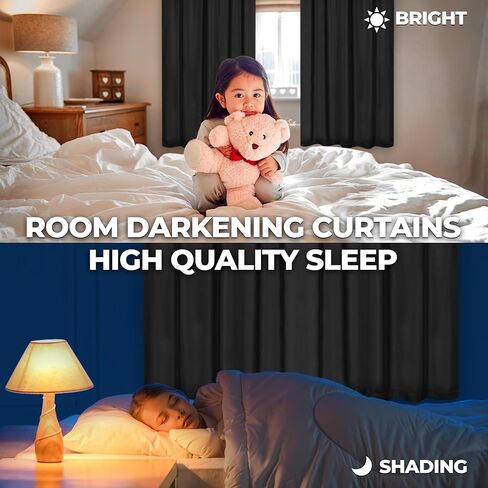 ستائر تعتيم فائقة، تعتيم الغرفة، غرفة النوم، ستائر، مطبخ، لهجات نافذة غرفة المعيشة، حجب الشمس، حرارية، عبوتان، جيب قضيب، ستائر تعتيم صلبة، مجموعة من 2، 26 بوصة × 84 بوصة، أسود in Kuwait