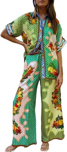 NUFIWI Vintage Graffiti 2 Pieces Pants Sets for Women Floral Fruit Print Short Sleeve Shirt Wide Leg Pants Beachwear Suit in Saudi Arabia
