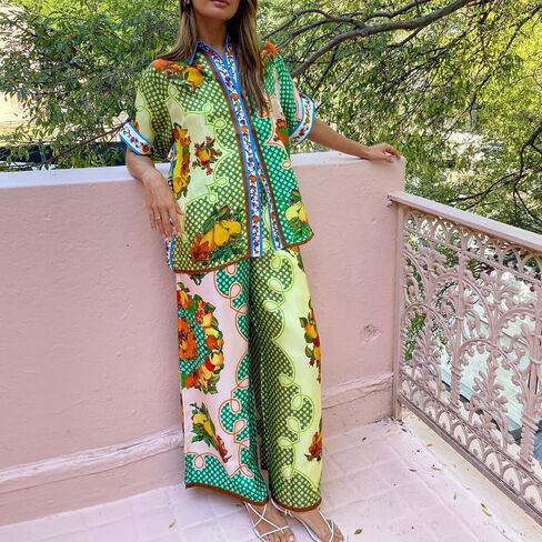 NUFIWI Vintage Graffiti 2 Pieces Pants Sets for Women Floral Fruit Print Short Sleeve Shirt Wide Leg Pants Beachwear Suit in Saudi Arabia