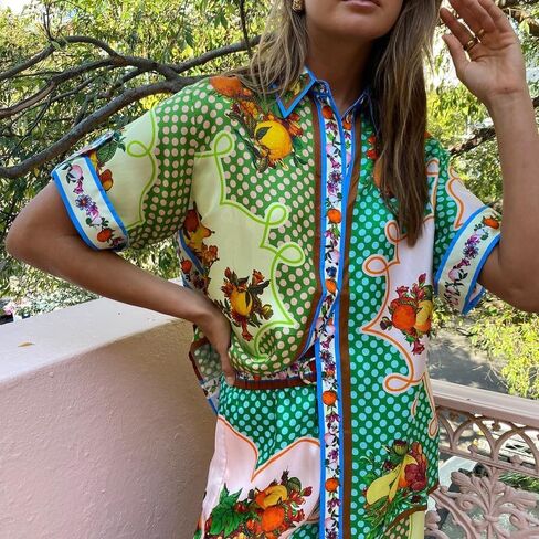 NUFIWI Vintage Graffiti 2 Pieces Pants Sets for Women Floral Fruit Print Short Sleeve Shirt Wide Leg Pants Beachwear Suit in Saudi Arabia