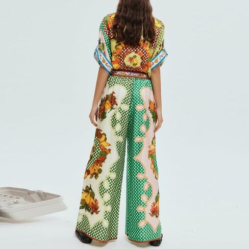 NUFIWI Vintage Graffiti 2 Pieces Pants Sets for Women Floral Fruit Print Short Sleeve Shirt Wide Leg Pants Beachwear Suit in Saudi Arabia