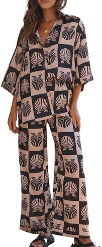 NUFIWI Vintage Graffiti 2 Pieces Pants Sets for Women Floral Fruit Print Short Sleeve Shirt Wide Leg Pants Beachwear Suit in Saudi Arabia