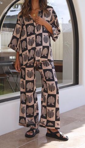 NUFIWI Vintage Graffiti 2 Pieces Pants Sets for Women Floral Fruit Print Short Sleeve Shirt Wide Leg Pants Beachwear Suit in Saudi Arabia
