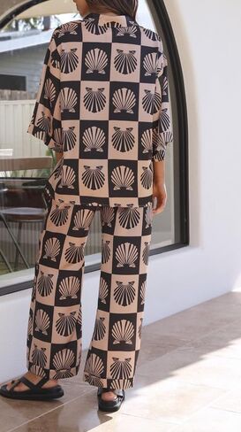 NUFIWI Vintage Graffiti 2 Pieces Pants Sets for Women Floral Fruit Print Short Sleeve Shirt Wide Leg Pants Beachwear Suit in Saudi Arabia