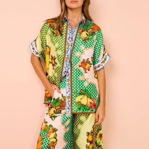 NUFIWI Vintage Graffiti 2 Pieces Pants Sets for Women Floral Fruit Print Short Sleeve Shirt Wide Leg Pants Beachwear Suit in Saudi Arabia