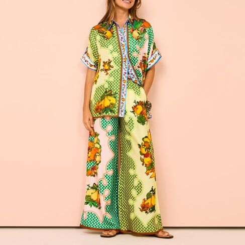 NUFIWI Vintage Graffiti 2 Pieces Pants Sets for Women Floral Fruit Print Short Sleeve Shirt Wide Leg Pants Beachwear Suit in Saudi Arabia