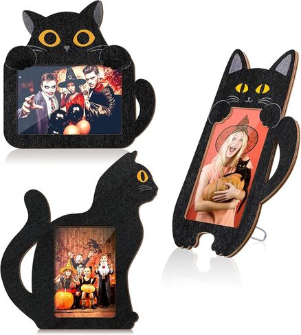 3 Pcs Halloween Picture Frame 4 x 6 Inch with Natural Raffia Wooden Photo Frame Hanging Decorative Postcard Frame for Halloween Home Table Tabletop(Black Cat) in Saudi Arabia