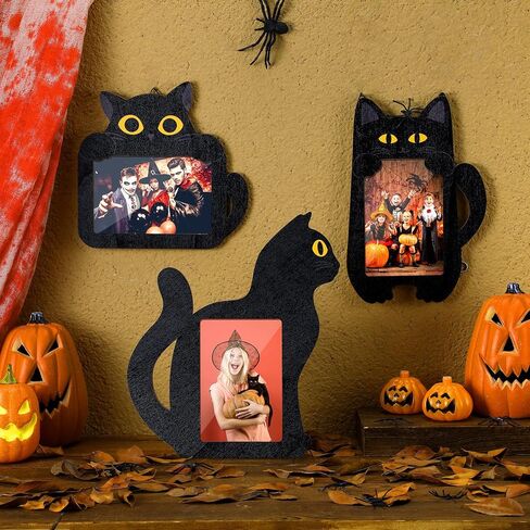 3 Pcs Halloween Picture Frame 4 x 6 Inch with Natural Raffia Wooden Photo Frame Hanging Decorative Postcard Frame for Halloween Home Table Tabletop(Black Cat) in Saudi Arabia