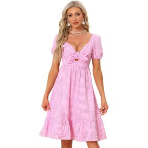 Allegra K Tie Knot Dress for Women's Smocked Cut-Out Front Plaid Gingham Ruffle Dress