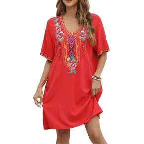 Higustar Women's Mexican Embroidered Dresses Peasant Tradition Bohemian Hippie Fiesta Plus Size Dress
