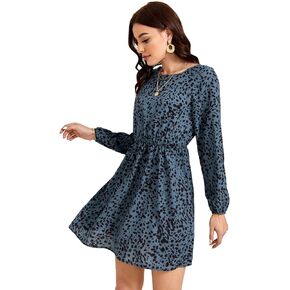 Floerns Women's Dalmatian Print Long Lantern Sleeve A Line Short Dress