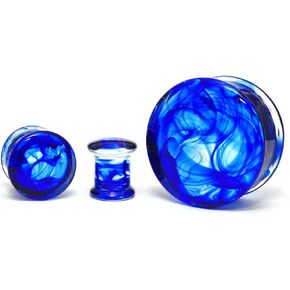 Pair of Blue Smokey Swirl Glass Double Flare Plugs (PG-585)