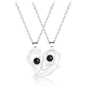 COLORFUL BLING 2Pcs Love Heart Matching Pendant Necklace Set 100 Languages I Love You Sun and Moon for Him and Her Couple Best Friends Promise Projection Jewelry