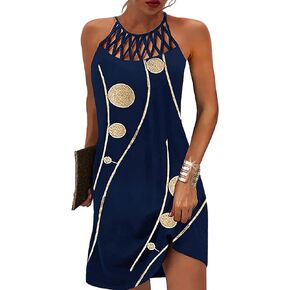 SAUKOLE Womens Summer Halter Neck Hollow Out Sleeveless Dress Floral Print Beach Boho Short Mini Sundresses