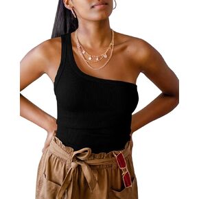 Womens One Shoulder Tops Summer Sleeveless Ribbed Tank Top Casual Slim Basic Tees