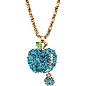Uloveido Women Hot Pink Bling Crystal Rhinestone 3D Apple Pendant Sweater Chain Long Necklace Christmas Accessory Gifts Ideas for Girls YS856