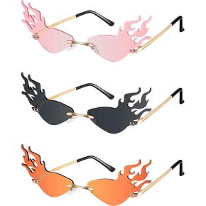 3 Pairs Fire Flame Sunglasses Halloween Flame Rimless Sunglasses Flame Shape Narrow Glasses with Screwdriver for Women Men