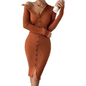 المرأة بياقة يغرق الخامس الرقبة زر أسفل كم طويل مضلع متماسكة سترة فستان Bodycon حفلة ميدي فستان in Kuwait